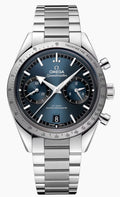 Omega Speedmaster ’57 features a sophisticated blue dial with two chronograph subdials, stainless-steel tachymeter bezel, date display at 6 o’clock, and matching steel bracelet.