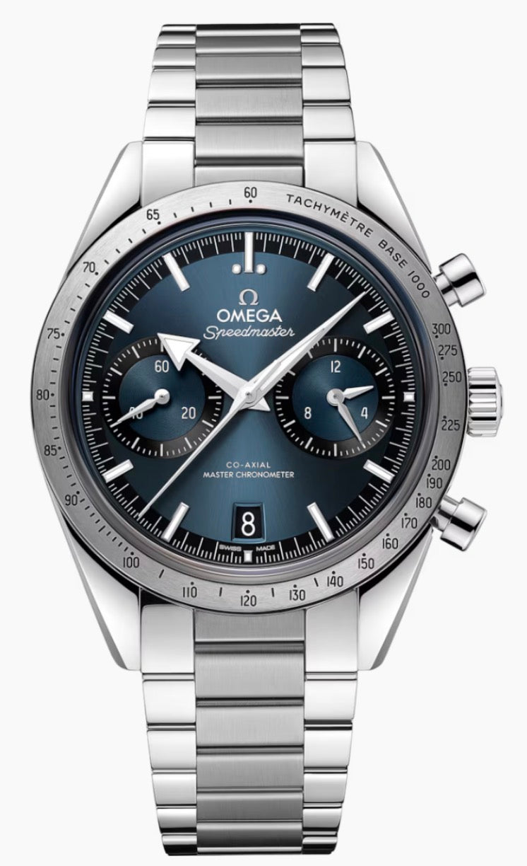 Omega Speedmaster ’57 features a sophisticated blue dial with two chronograph subdials, stainless-steel tachymeter bezel, date display at 6 o’clock, and matching steel bracelet.
