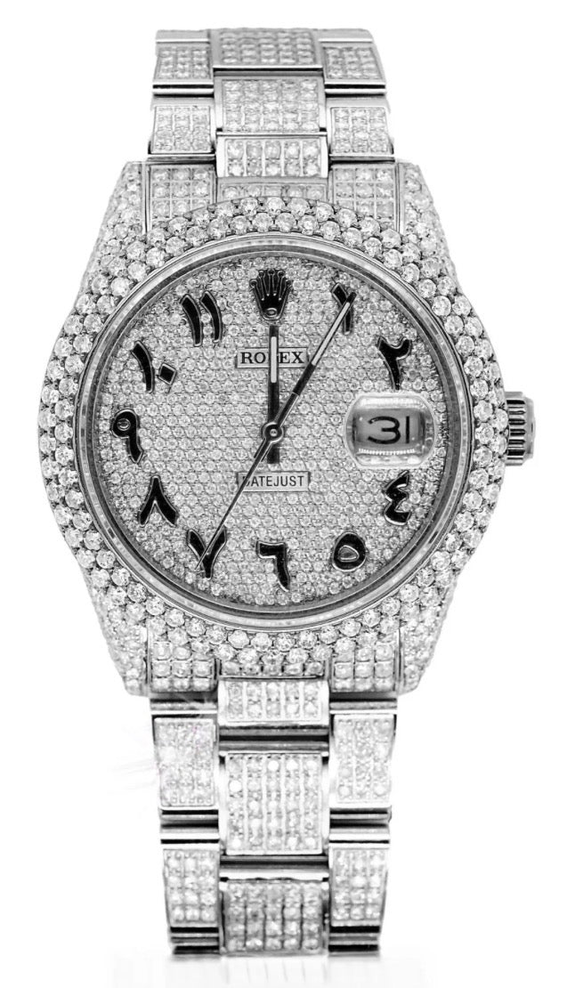 Rolex Datejust customized with an extravagant full pavé diamond finish, covering the dial, bezel, case, and bracelet.