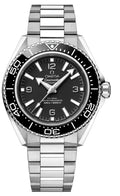 Omega Seamaster Planet Ocean 600M features a bold black dial, black diving bezel, luminous hour markers and hands, and a stainless-steel case and bracelet.