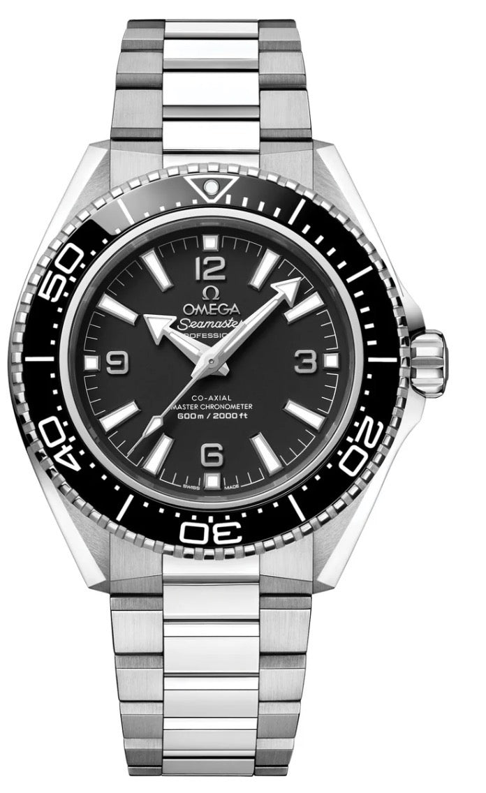 Omega Seamaster Planet Ocean 600M features a bold black dial, black diving bezel, luminous hour markers and hands, and a stainless-steel case and bracelet.