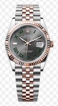 Rolex Datejust 41 Wimbledon features a distinctive slate-grey dial with green Roman numeral hour markers, paired with a fluted 18K Everose gold bezel and two-tone Jubilee bracelet.