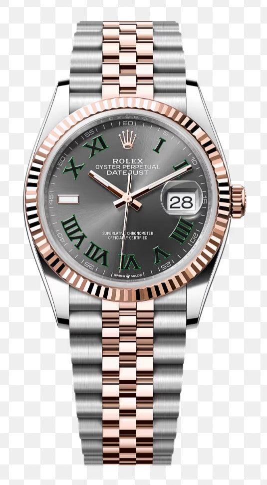 Rolex Datejust 41 Wimbledon features a distinctive slate-grey dial with green Roman numeral hour markers, paired with a fluted 18K Everose gold bezel and two-tone Jubilee bracelet.
