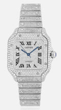 Cartier Santos featuring a full pavé-style diamond finish across the dial, bezel, case, and bracelet.