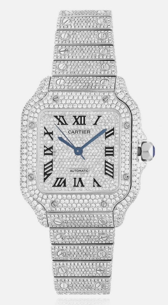 Cartier Santos featuring a full pavé-style diamond finish across the dial, bezel, case, and bracelet.