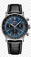 Breitling Navitimer B01 Chronograph features a striking blue dial with contrasting black chronograph counters, a stainless-steel case, and a black leather strap.