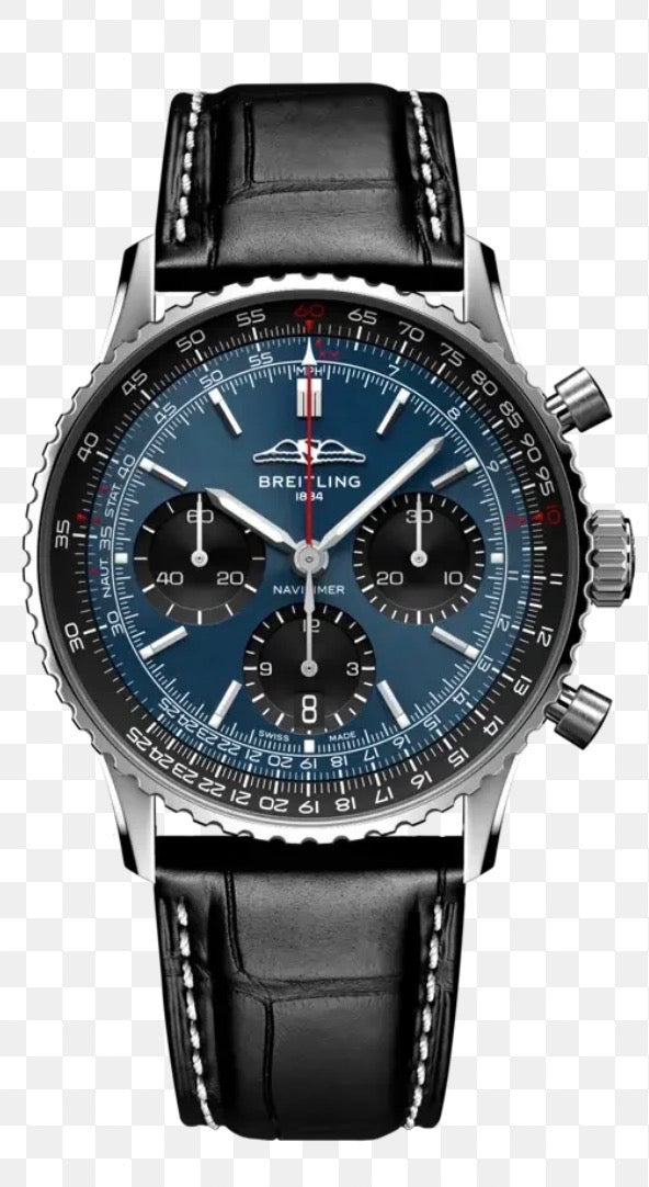Breitling Navitimer B01 Chronograph features a striking blue dial with contrasting black chronograph counters, a stainless-steel case, and a black leather strap.