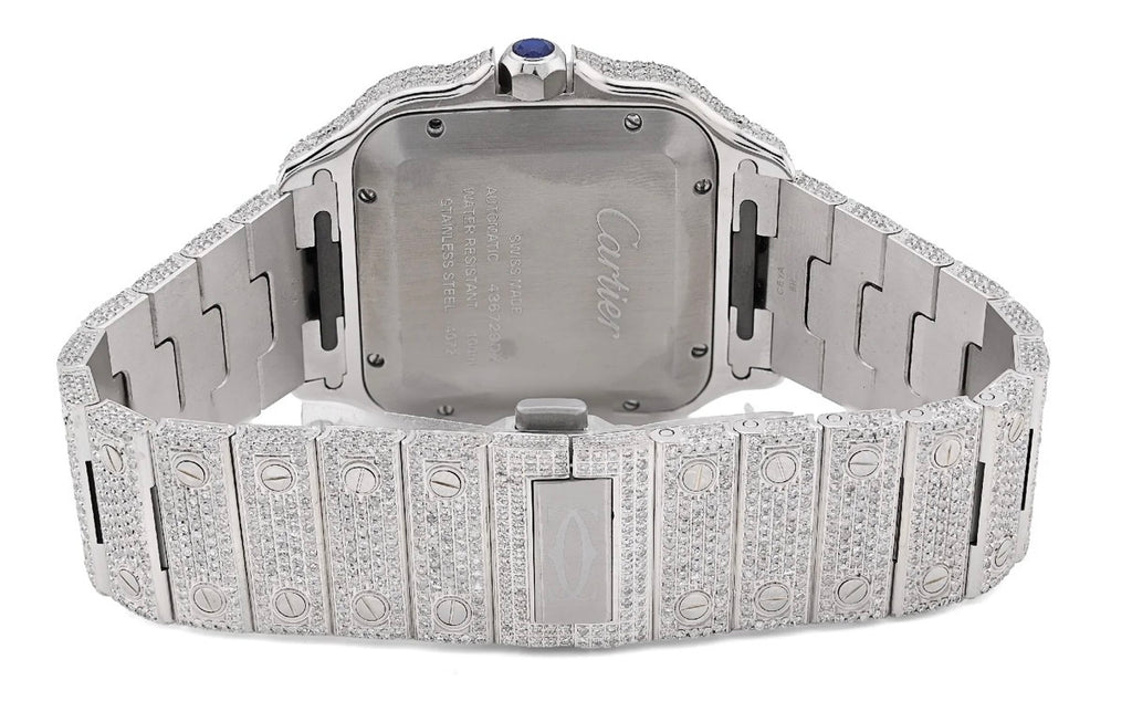 Cartier Santos featuring an extensive pavé-style diamond setting across the dial, bezel, case, and bracelet.
