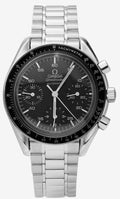 Omega Speedmaster Automatic features a sleek black dial with three chronograph subdials, a black tachymeter bezel, stainless-steel case, and matching steel bracelet.