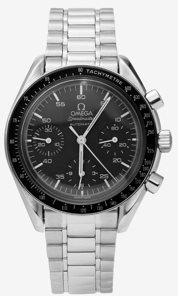 Omega Speedmaster Automatic features a sleek black dial with three chronograph subdials, a black tachymeter bezel, stainless-steel case, and matching steel bracelet.