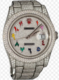 Rolex Datejust featuring a full pavé-style dial, diamond-set bezel, case, and bracelet, accented by colorful Arabic numeral markers.