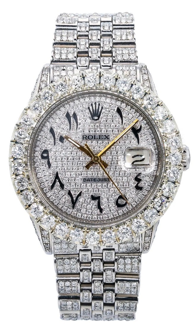 Rolex Datejust featuring a fully pavé-set dial, oversized diamond-style bezel, diamond-covered case and Jubilee bracelet, contrasted by black Arabic numeral markers and gold-tone hands.