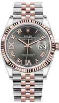 Rolex Datejust 41 combines stainless steel and 18K Everose gold with a distinctive slate-grey dial featuring Roman numeral hour markers.