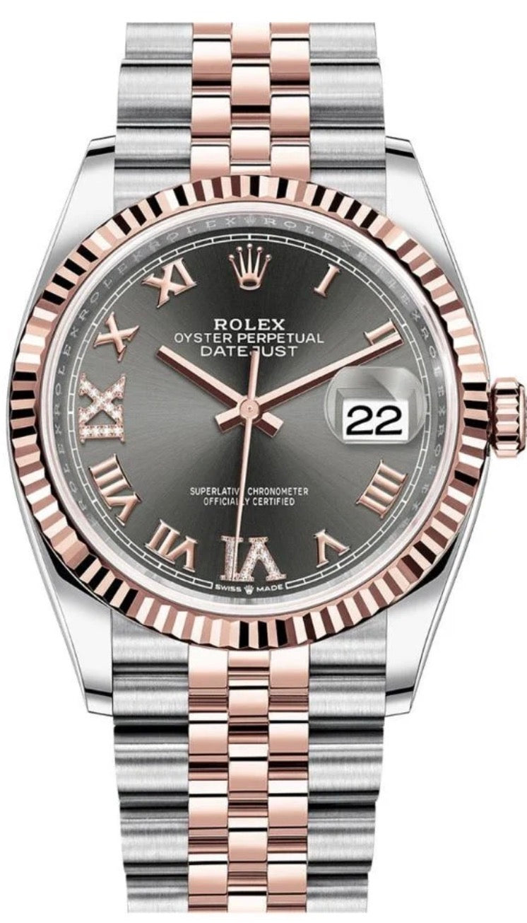 Rolex Datejust 41 combines stainless steel and 18K Everose gold with a distinctive slate-grey dial featuring Roman numeral hour markers.