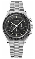 Omega Speedmaster Moonwatch Professional features a classic black dial with three chronograph subdials, black tachymeter bezel, luminous hands and markers, and a stainless-steel bracelet.