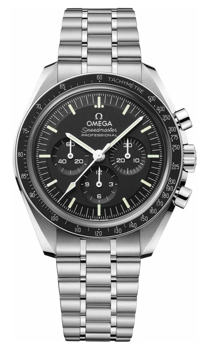 Omega Speedmaster Moonwatch Professional features a classic black dial with three chronograph subdials, black tachymeter bezel, luminous hands and markers, and a stainless-steel bracelet.