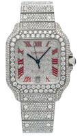 Cartier Santos featuring a fully pavé-style dial, diamond-set bezel, case, and bracelet, accented with bold red Roman numerals and Cartier-style blue hands.