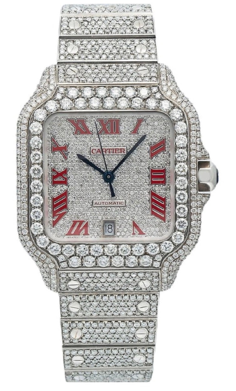 Cartier Santos featuring a fully pavé-style dial, diamond-set bezel, case, and bracelet, accented with bold red Roman numerals and Cartier-style blue hands.
