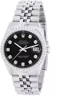 Rolex Datejust featuring a black dial with diamond hour markers, diamond-set bezel, stainless-steel case, and classic Jubilee bracelet.