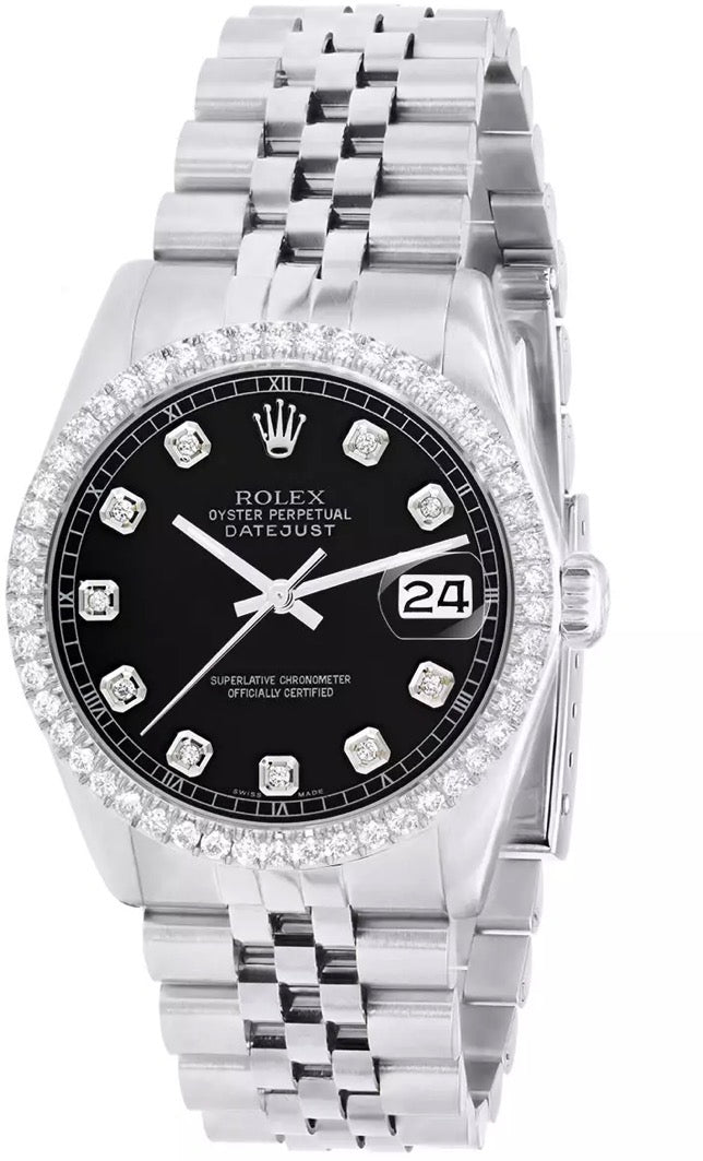 Rolex Datejust featuring a black dial with diamond hour markers, diamond-set bezel, stainless-steel case, and classic Jubilee bracelet.