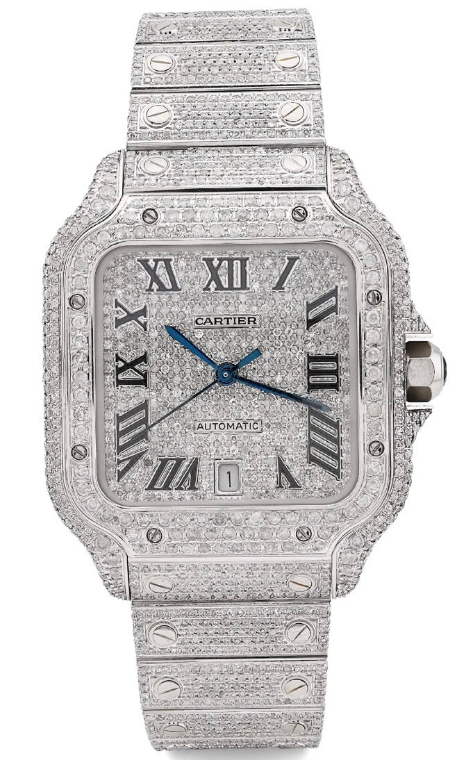 Cartier Santos featuring an extensive pavé-style diamond setting across the dial, bezel, case, and bracelet.