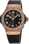 Hublot Big Bang featuring a rose-gold case, diamond-set bezel, black dial with rose-gold Arabic numerals, and a black rubber strap.