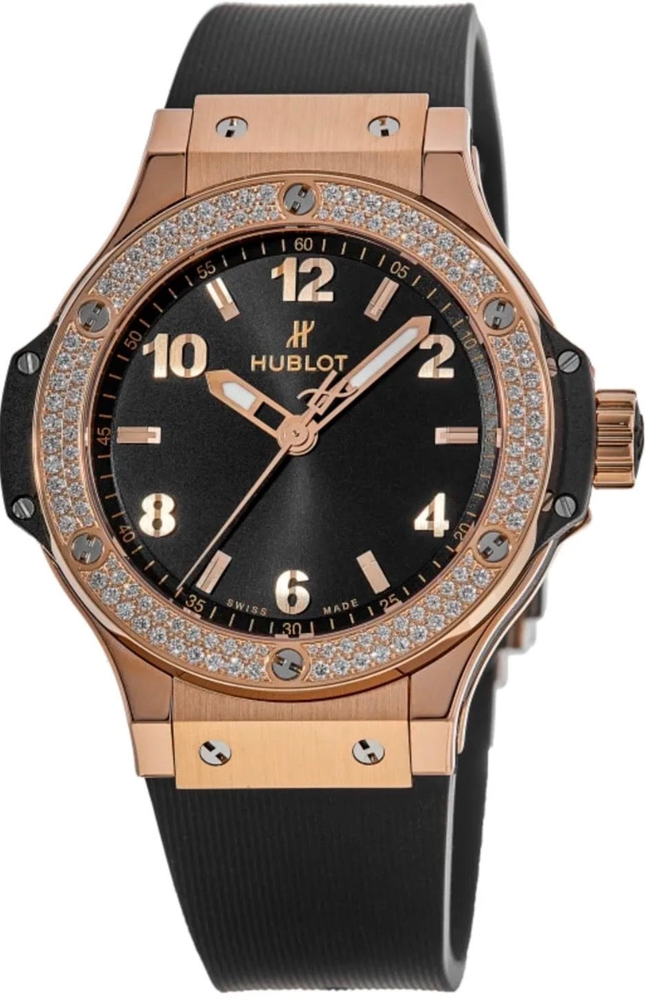Hublot Big Bang featuring a rose-gold case, diamond-set bezel, black dial with rose-gold Arabic numerals, and a black rubber strap.