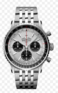 Breitling Navitimer B01 Chronograph features a sophisticated silver dial with contrasting black chronograph subdials, signature circular slide-rule bezel, and polished stainless-steel bracelet