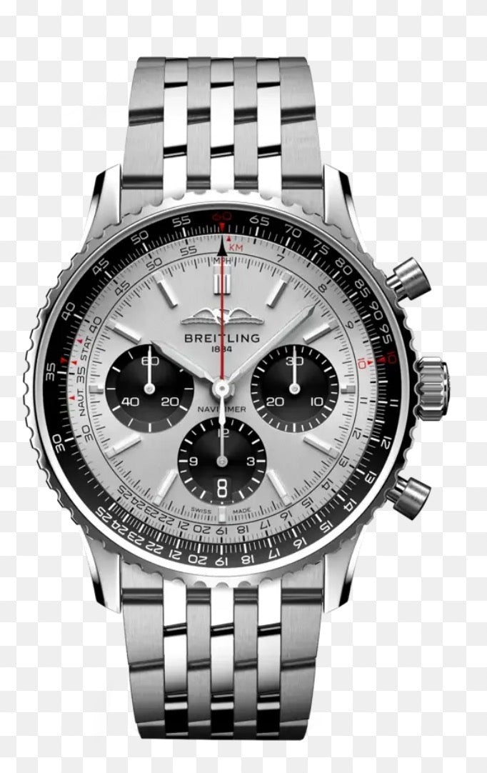 Breitling Navitimer B01 Chronograph features a sophisticated silver dial with contrasting black chronograph subdials, signature circular slide-rule bezel, and polished stainless-steel bracelet