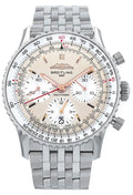 Breitling Navitimer B01 Chronograph features an elegant champagne-tone dial, three chronograph subdials, rose-gold-tone accents, signature circular slide-rule bezel, and stainless-steel bracelet.
