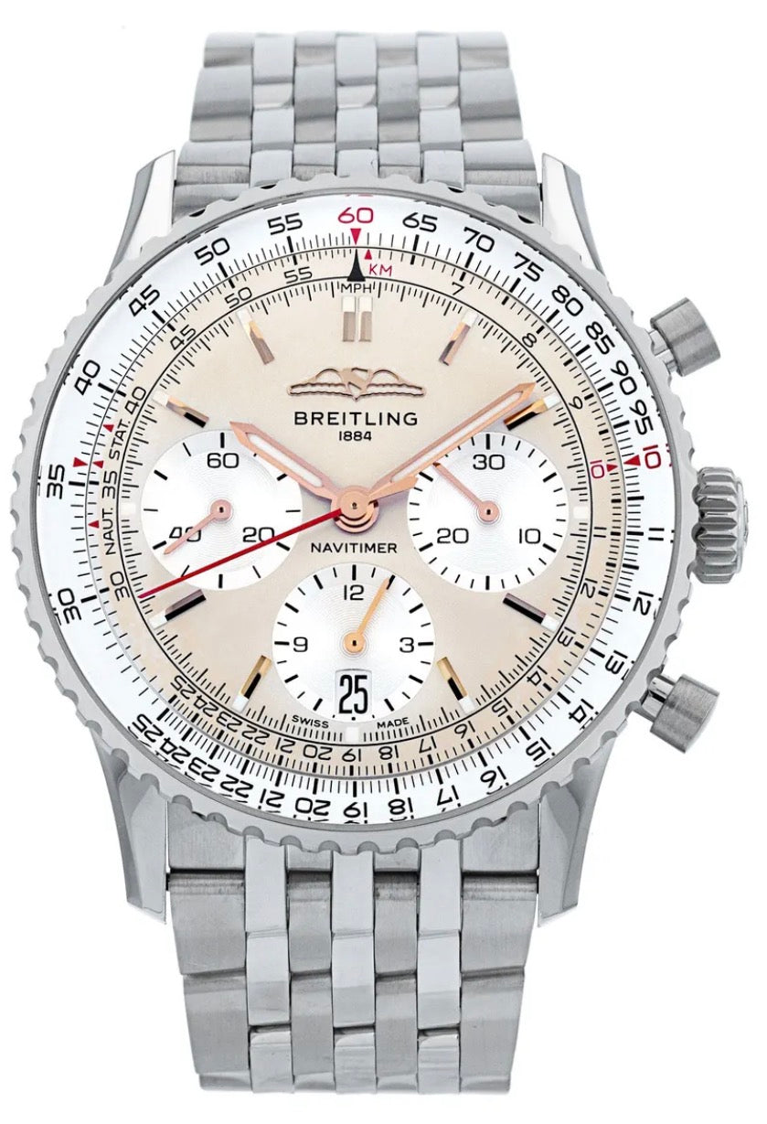 Breitling Navitimer B01 Chronograph features an elegant champagne-tone dial, three chronograph subdials, rose-gold-tone accents, signature circular slide-rule bezel, and stainless-steel bracelet.