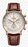 Breitling Navitimer B01 Chronograph features a luxurious 18K red-gold case, silver/cream dial, three chronograph subdials, and the iconic circular slide-rule bezel.