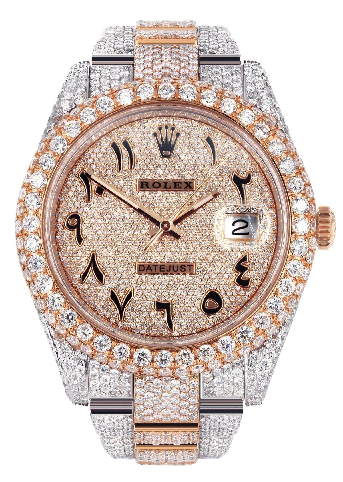 Diamond Rose Gold Iced Out Rolex Datejust 41 | 25 Carats Of Diamonds | Custom Full Diamond Arabic Dial | Oyster Band