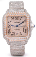 CARTIER SANTOS WSSA0018 DIAMOND PAVED ROSE GOLD ROMAN DIAL ROSE GOLD DIAMOND BEZEL STAINLESS STEEL FULL DIAMOND BRACELET