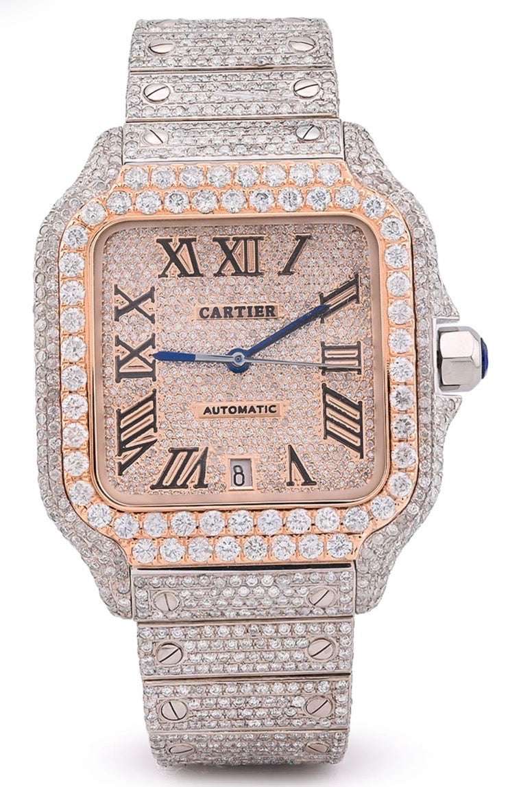 CARTIER SANTOS WSSA0018 DIAMOND PAVED ROSE GOLD ROMAN DIAL ROSE GOLD DIAMOND BEZEL STAINLESS STEEL FULL DIAMOND BRACELET