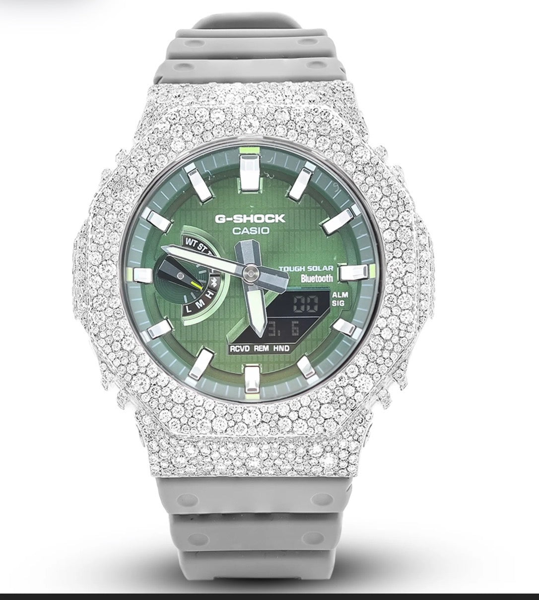 Casio G-Shock GM2100 8.20ctw Natural Diamond Mosaic Set Watch (Green Dial / Grey Strap)