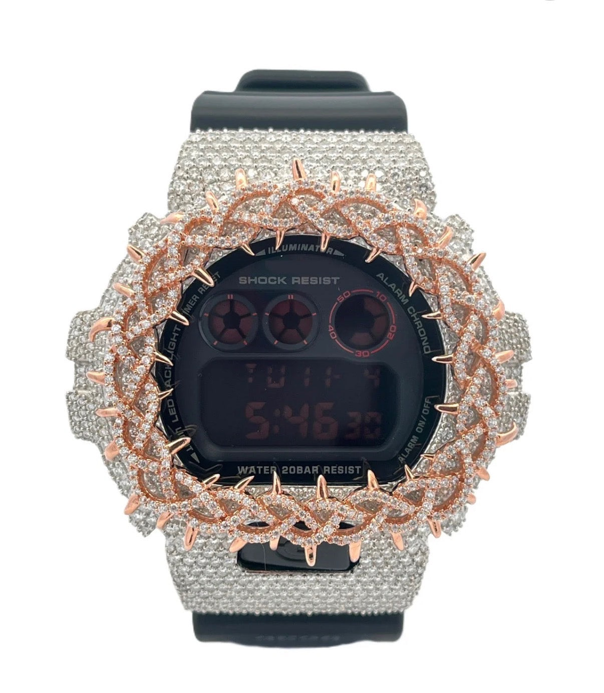 custom diamond-set Casio G-SHOCK DW-6900 style rose-gold-tone detailing
