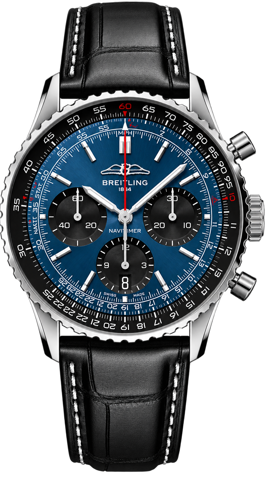 Breitling Navitimer B01 Chronograph features a striking blue dial with contrasting black chronograph counters, a stainless-steel case, and a black leather strap.