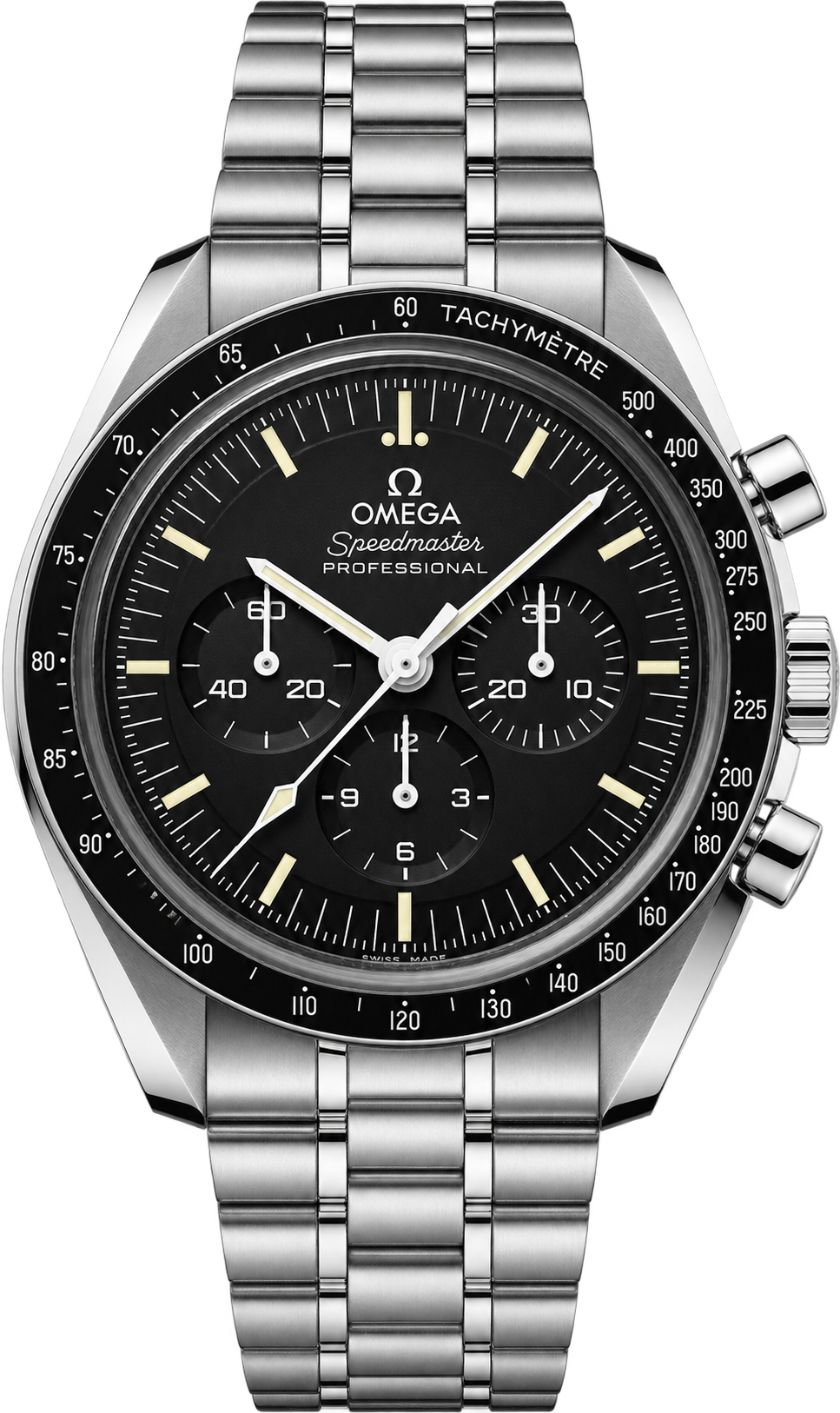 Omega Speedmaster Moonwatch Professional features a classic black dial with three chronograph subdials, black tachymeter bezel, luminous hands and markers, and a stainless-steel bracelet.