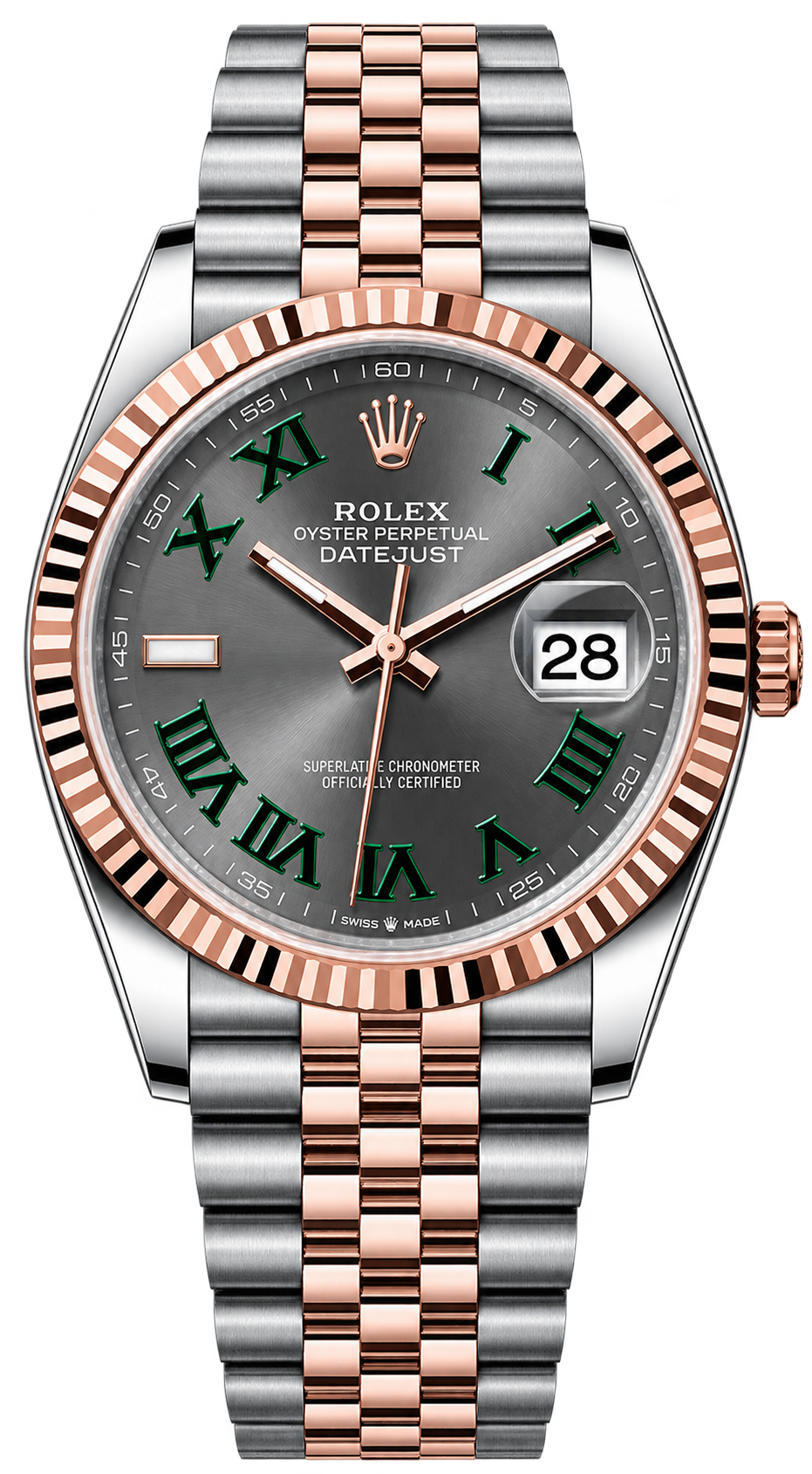 Rolex Datejust 41 Wimbledon features a distinctive slate-grey dial with green Roman numeral hour markers, paired with a fluted 18K Everose gold bezel and two-tone Jubilee bracelet.