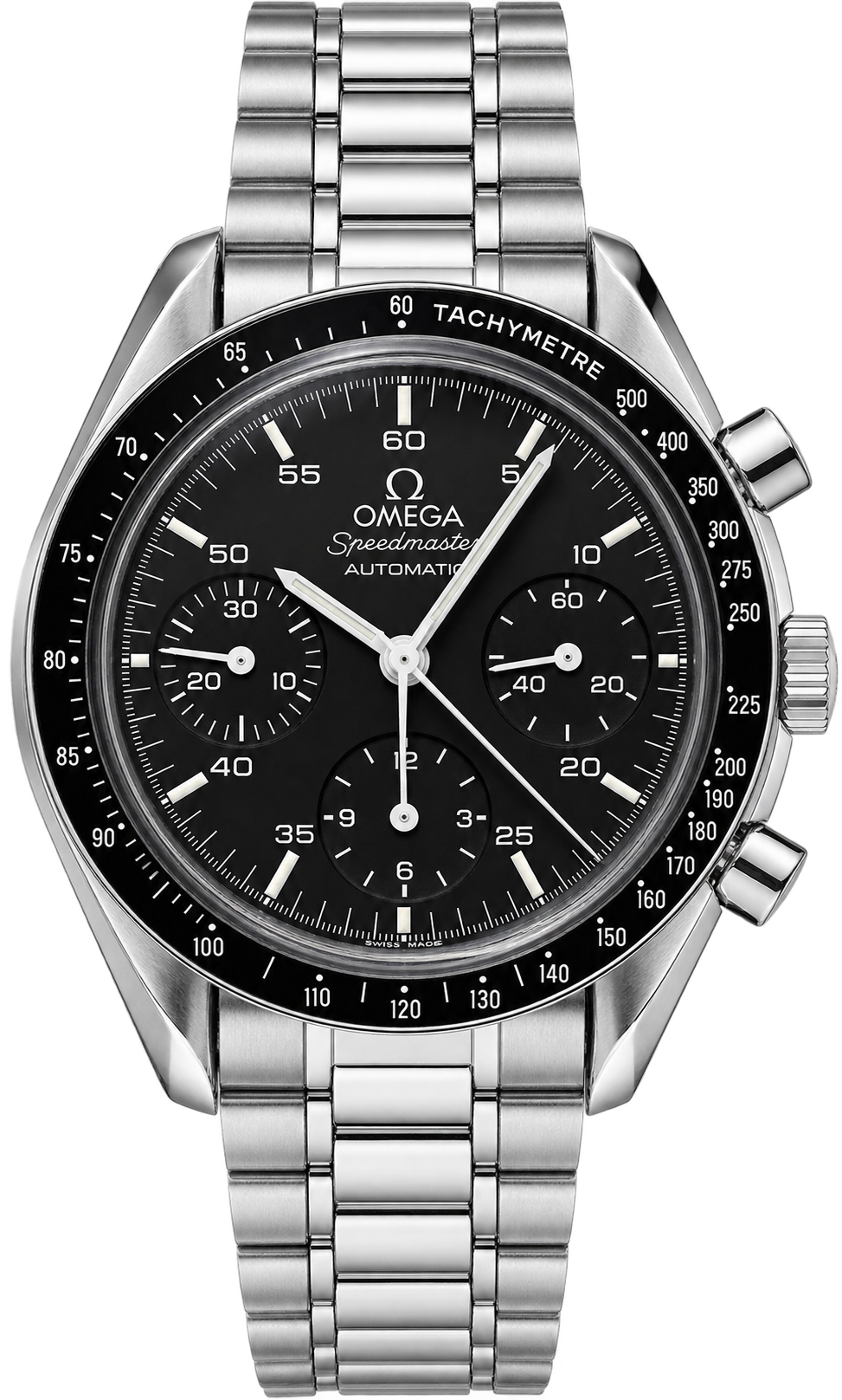 Omega Speedmaster Automatic features a sleek black dial with three chronograph subdials, a black tachymeter bezel, stainless-steel case, and matching steel bracelet.
