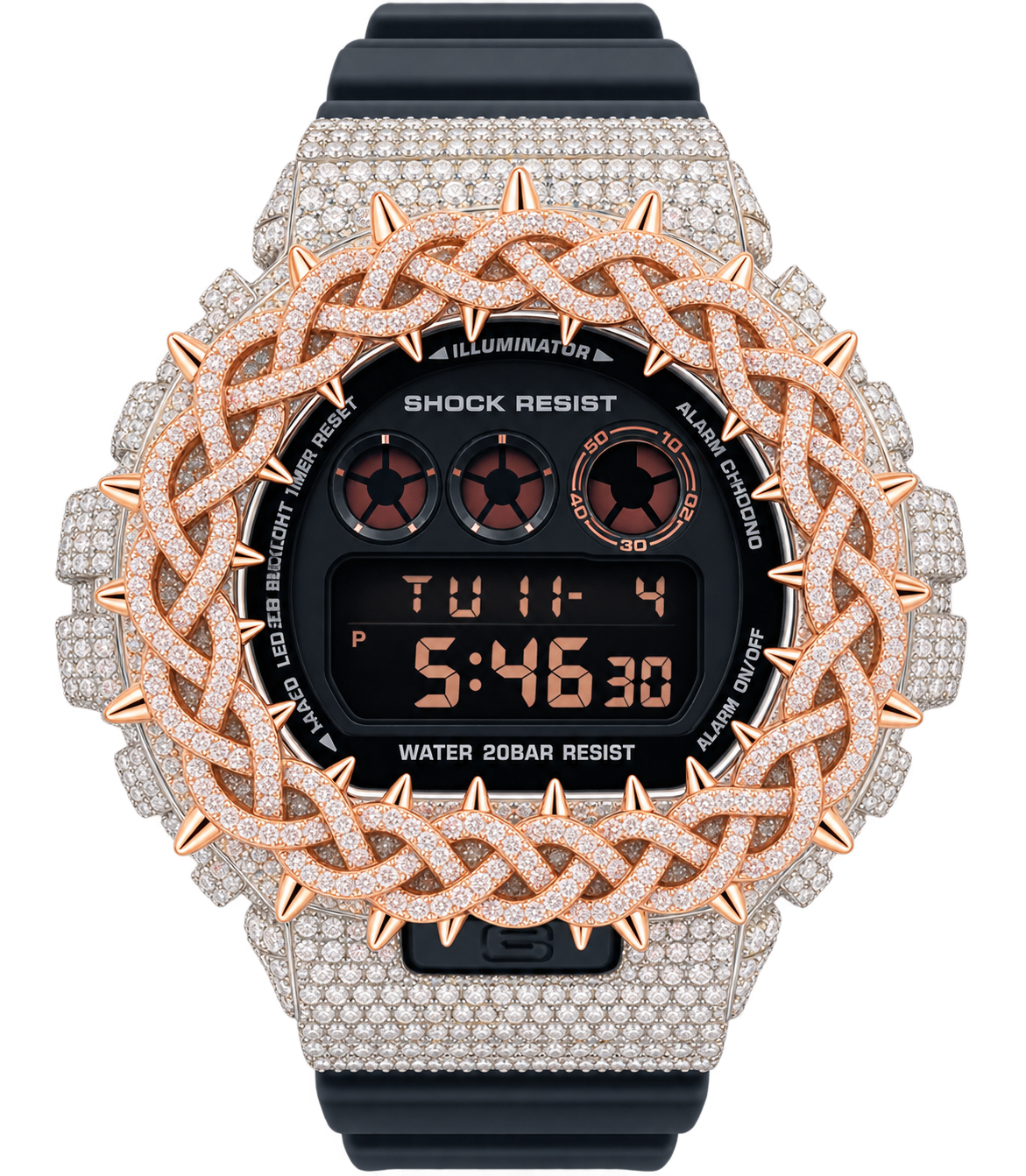 custom diamond-set Casio G-SHOCK DW-6900 style rose-gold-tone detailing