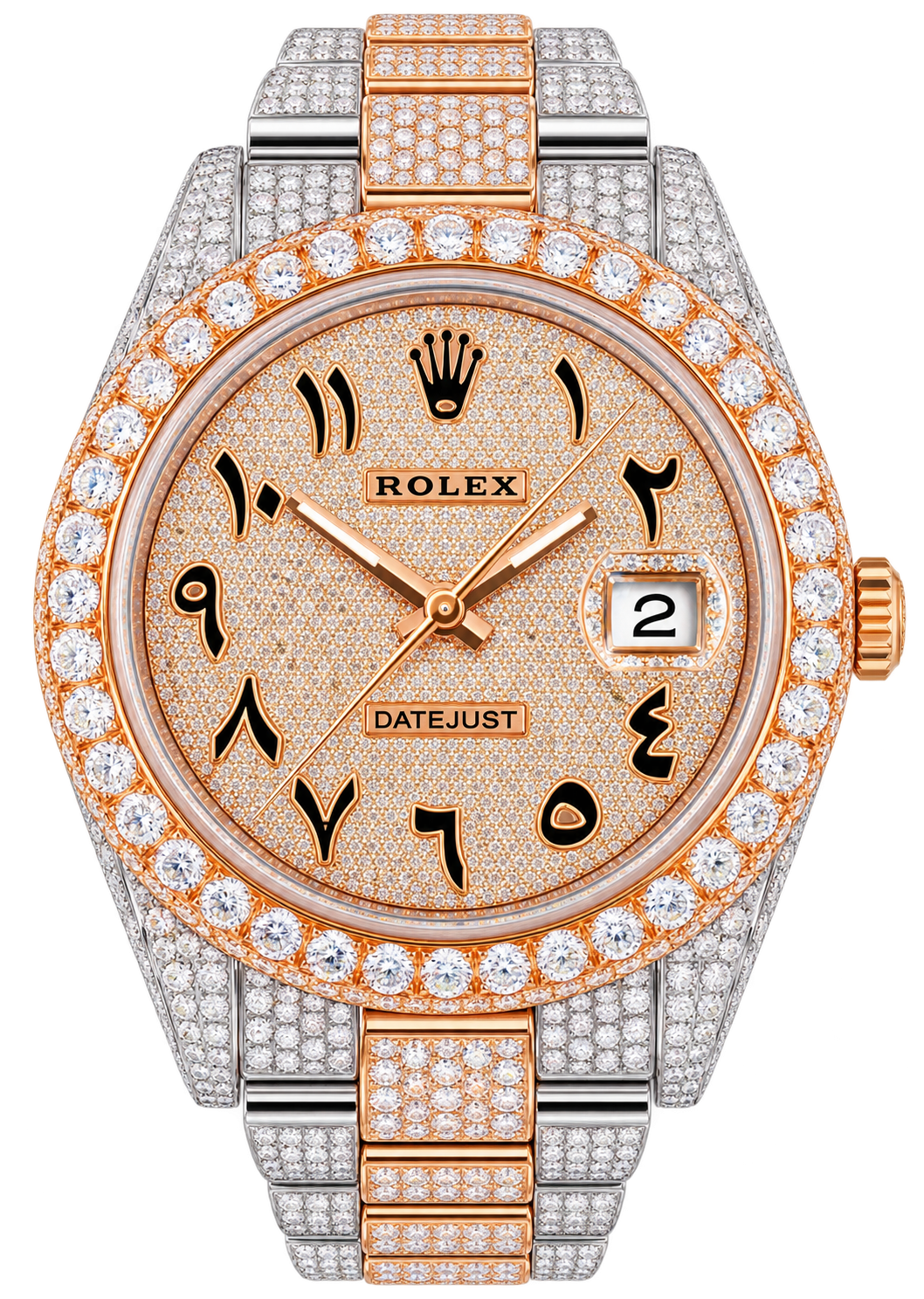 Diamond Rose Gold Iced Out Rolex Datejust 41 | 25 Carats Of Diamonds | Custom Full Diamond Arabic Dial | Oyster Band
