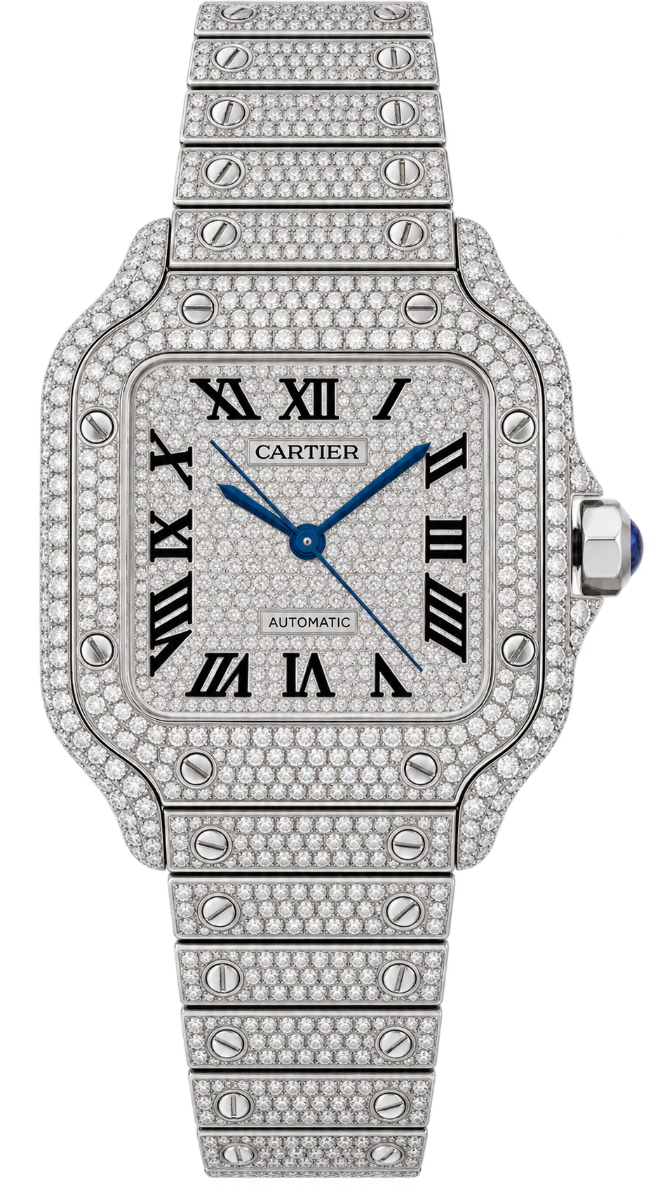 Cartier Santos featuring a full pavé-style diamond finish across the dial, bezel, case, and bracelet.