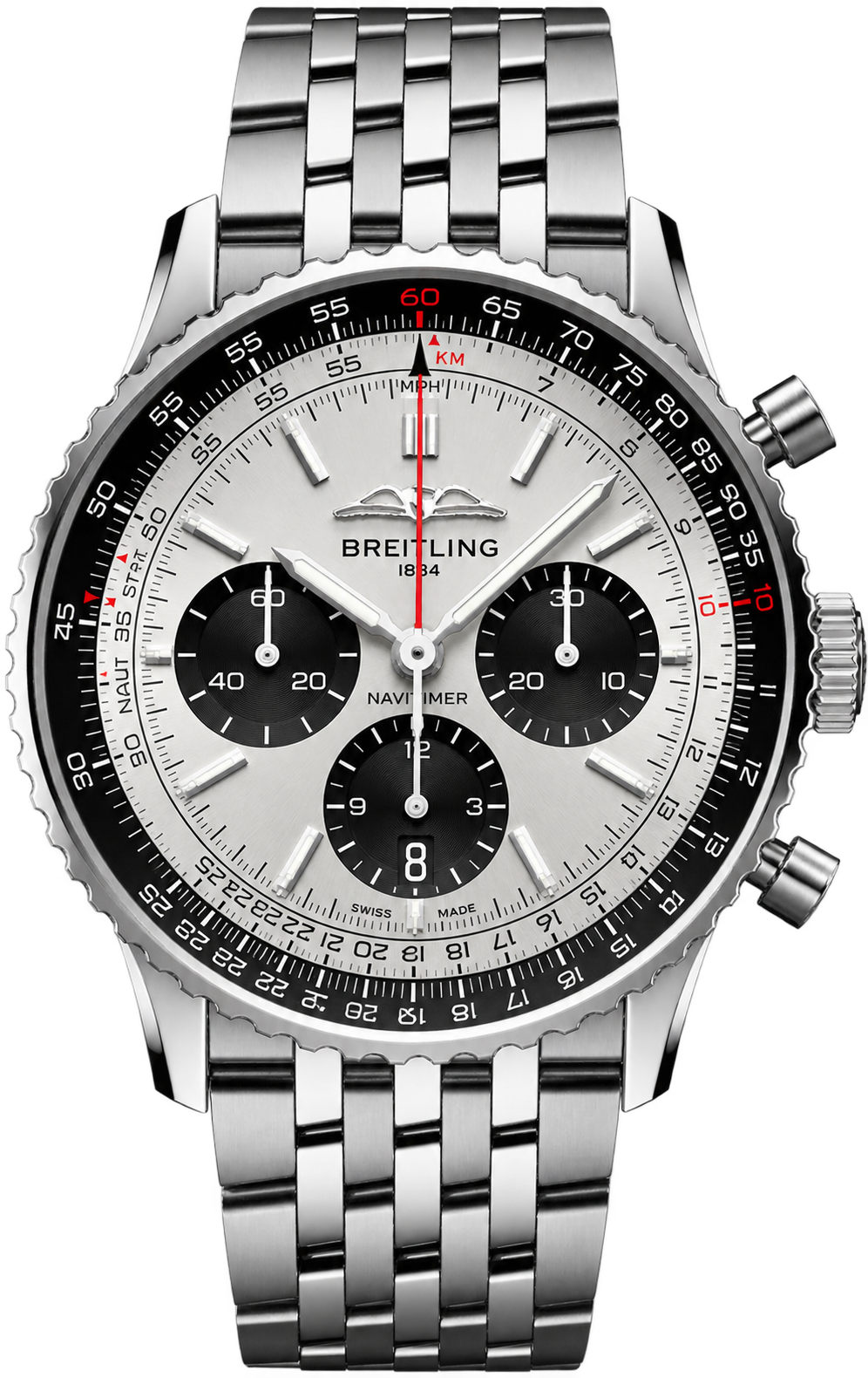 Breitling Navitimer B01 Chronograph features a sophisticated silver dial with contrasting black chronograph subdials, signature circular slide-rule bezel, and polished stainless-steel bracelet