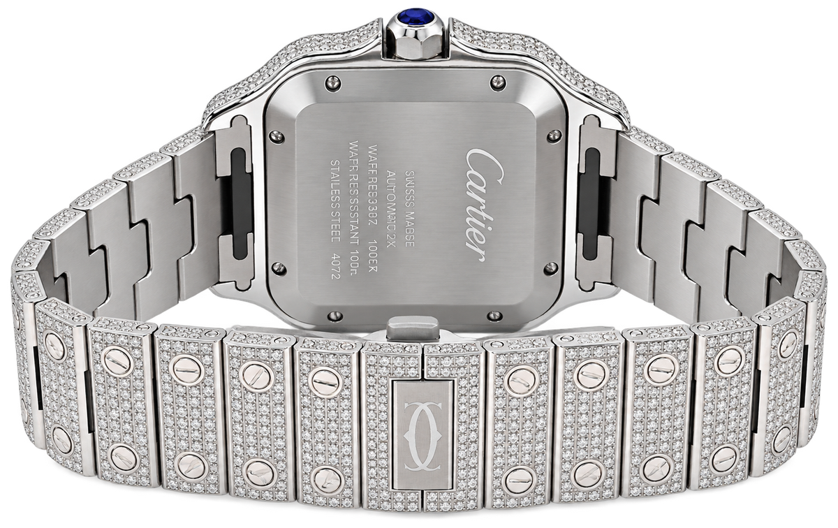Cartier Santos featuring an extensive pavé-style diamond setting across the dial, bezel, case, and bracelet.