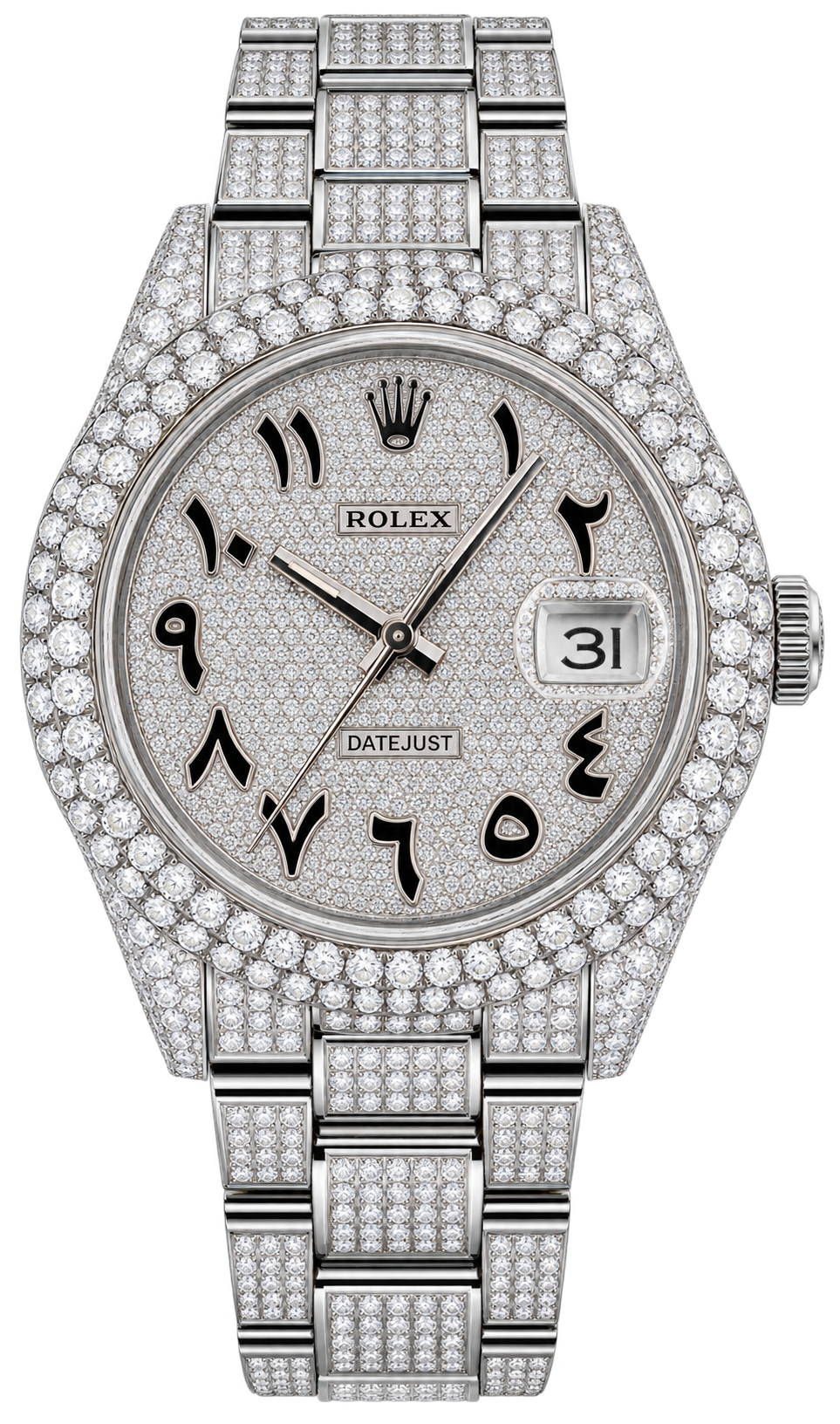 Rolex Datejust customized with an extravagant full pavé diamond finish, covering the dial, bezel, case, and bracelet.