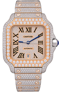 CARTIER SANTOS WSSA0018 DIAMOND PAVED ROSE GOLD ROMAN DIAL ROSE GOLD DIAMOND BEZEL STAINLESS STEEL FULL DIAMOND BRACELET