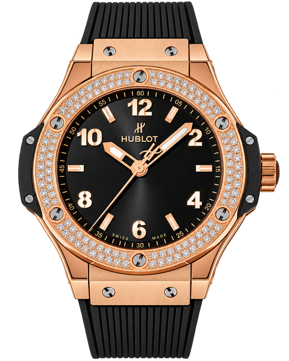 Hublot Big Bang featuring a rose-gold case, diamond-set bezel, black dial with rose-gold Arabic numerals, and a black rubber strap.