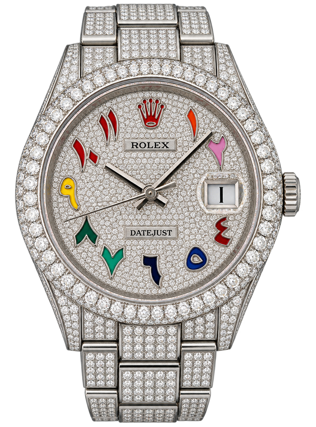 Rolex Datejust featuring a full pavé-style dial, diamond-set bezel, case, and bracelet, accented by colorful Arabic numeral markers.